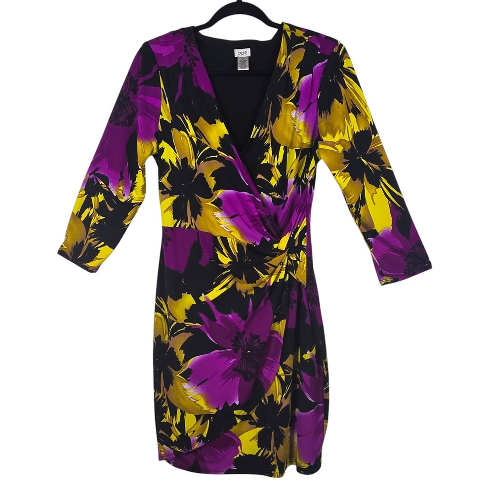 Cache Womens Floral Faux Wrap Dress Purple Yellow Black 3/4 Sleeve Ruched Large